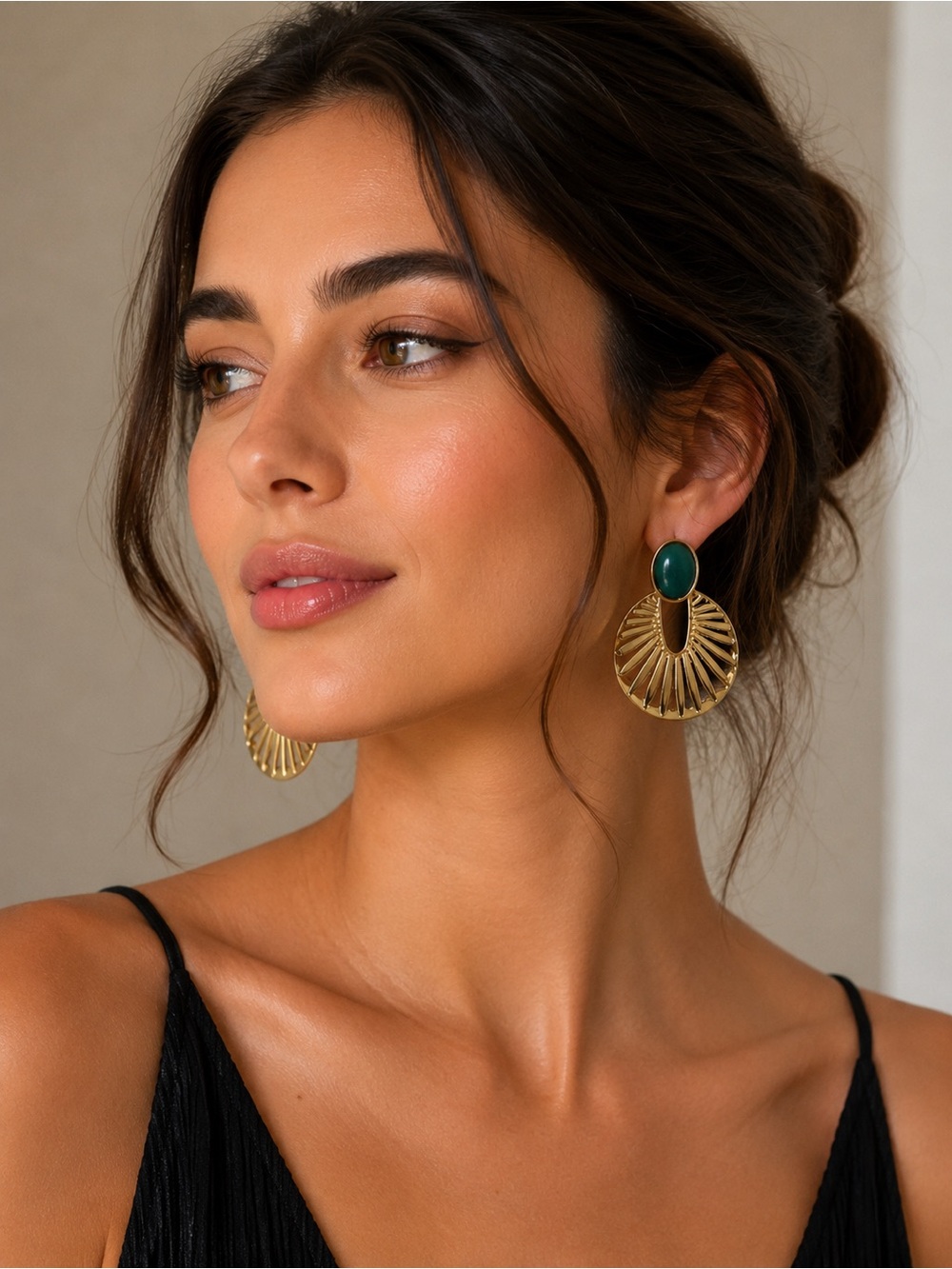 Gold Radiant Fan Drop Earrings with Green Stone
